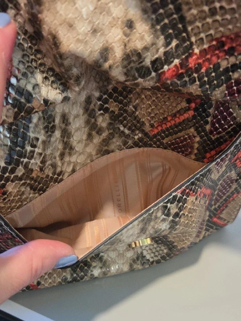 Fiorelli Mia Snake-Print Structured Tote Handbag in Beige and Red